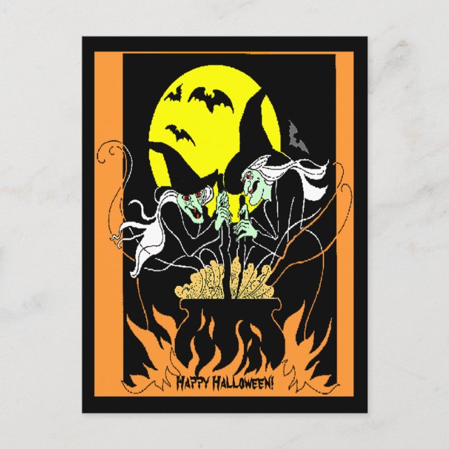 Cartão Postal Vintage Halloween Witches Cauldron (Frente)