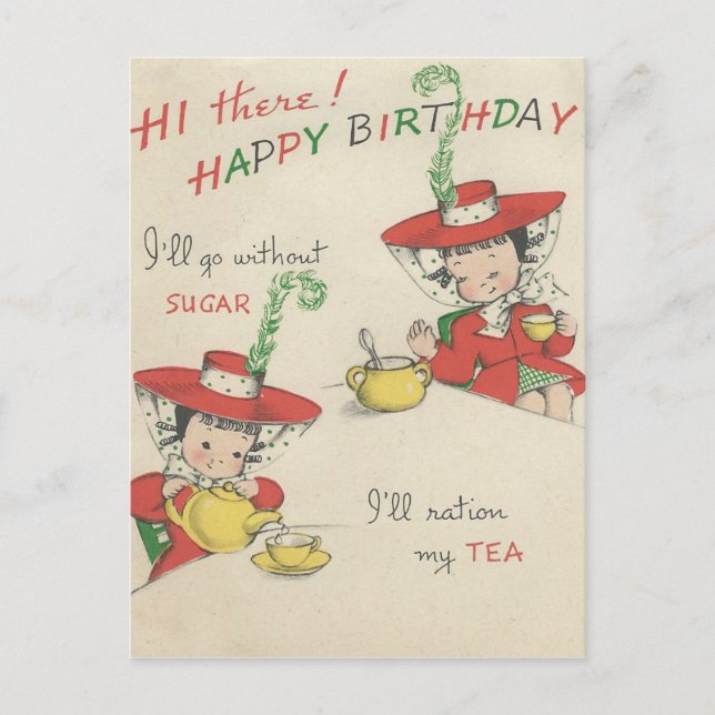 Cartão Postal Vintage Happy Birthday Tea (Frente)