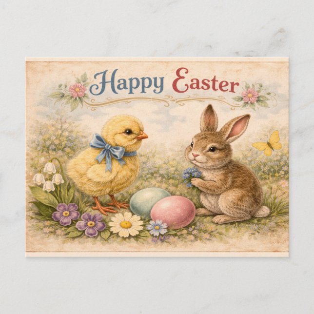 Cartão Postal Vintage Happy Easter Bunny and Chick  (Frente)