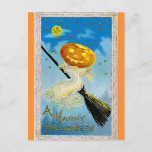 Cartão Postal Vintage Happy Halloween Pumpkin Witch