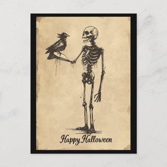 Cartão Postal Vintage Happy Halloween Skeleton Black Bird (Frente)
