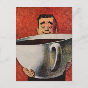 Cartão Postal Vintage Happy Man Bebendo Xícara Gigante de Café