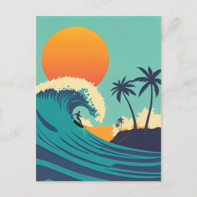 Cartão Postal Vintage Hawaii Surfing Sunset & Waves Viagem (Frente)
