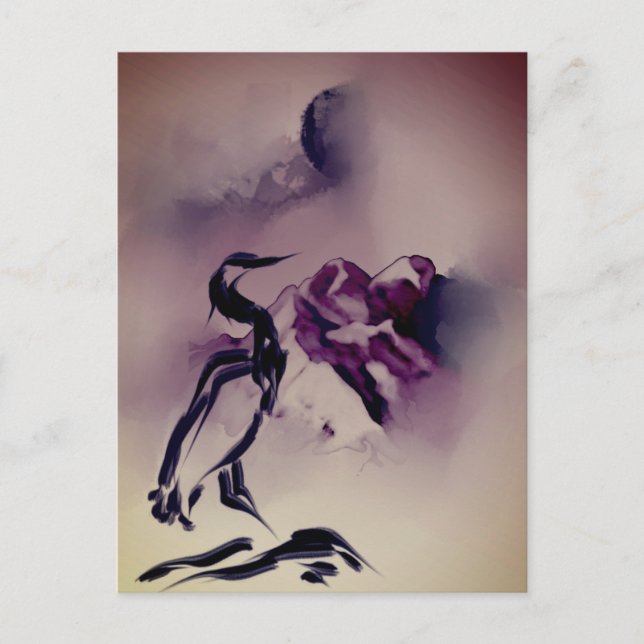 Cartão Postal Vintage Heron Bird pintura Landscape (Frente)