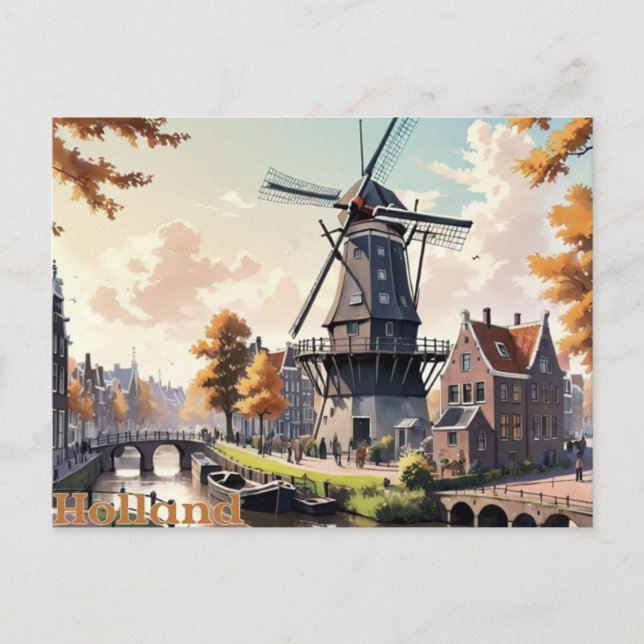 Cartão Postal Vintage Holland Windmill (Frente)