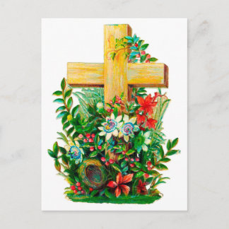 Cartão Postal Vintage Holly Cross em um jardim de flores