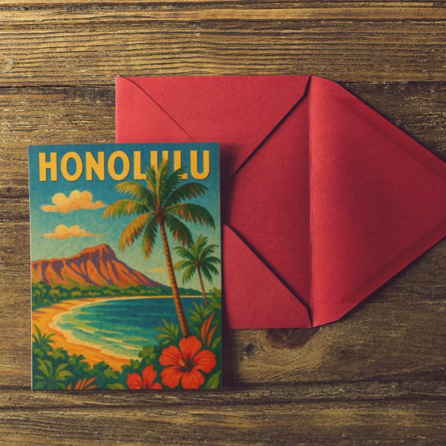Cartão Postal Vintage Honolulu Oahu Hawaii Beach Viagem (Tropical vintage honolulu travel postcard)