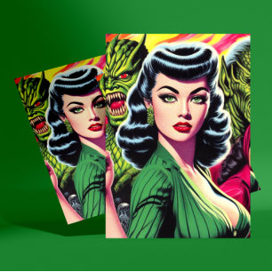 Cartão Postal Vintage Horror Sci-fi Pulp Girl