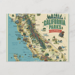 Cartão Postal Vintage Illustrated California Parks Map Art