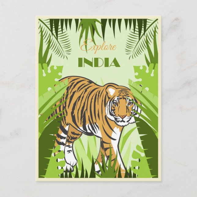 Cartão Postal Vintage India Tiger Viagem (Frente)