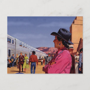 Cartão Postal Vintage índio nativo americano numa estação de tre