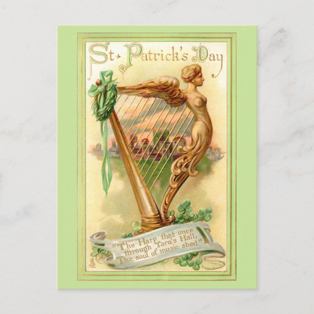 Cartão Postal Vintage Irish Harp e Shamrocks (Frente)