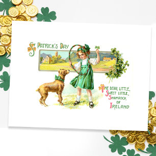Cartão Postal Vintage Irish Lass, Shamrocks e Cão