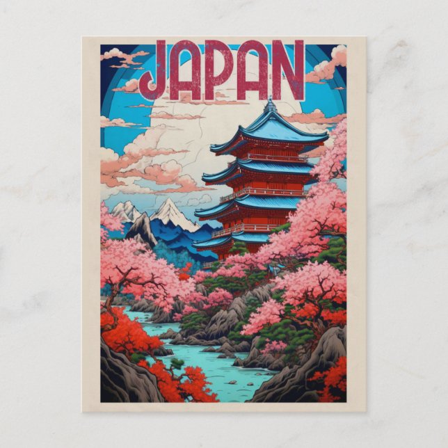 Cartão Postal Vintage Japan Pagoda Cherry Blossoms Viagem (Frente)