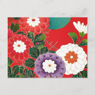 Cartão Postal Vintage Japonês Textil - Red Dahlias