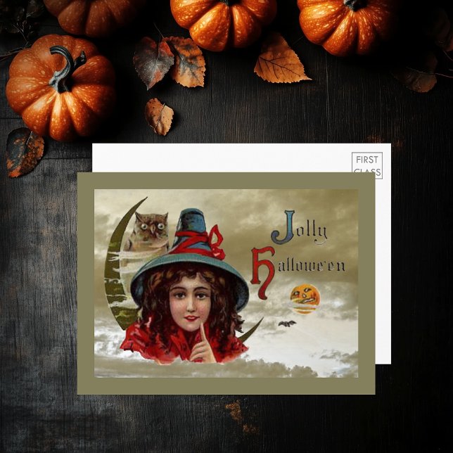 Cartão postal Vintage Jolly Halloween Witch & Owl  (Vintage Jolly Halloween Witch & Owl Large Postcard)