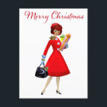 Cartão Postal Vintage Lady Christmas Comprando presentes<br><div class="desc">O Natal como parecia na década de 1950 com esta trabalho de arte retrô de uma senhora vestida com um vestido de cheio em vermelho e verde.</div>