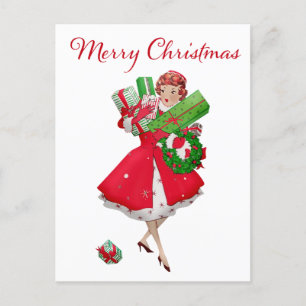 Cartão Postal Vintage Lady Christmas Comprando presentes