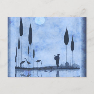 Cartão Postal Vintage Lady & Flamingos No Lago Moonlit