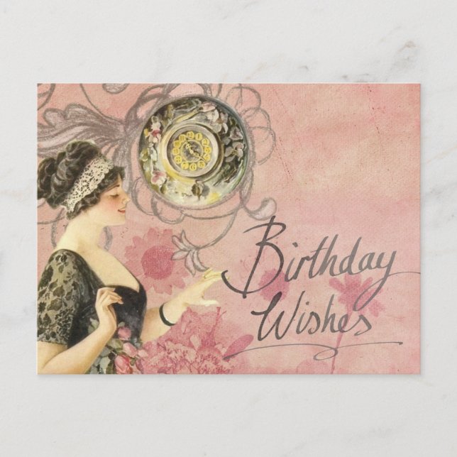 Cartão Postal Vintage Lady Happy Birthday (Frente)
