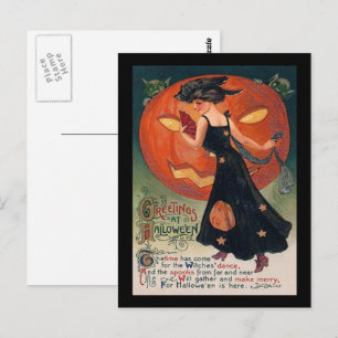 Cartão Postal Vintage Lady in Black and Jack o' Lanterna