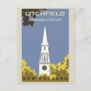 Cartão Postal Vintage Litchfield Connecticut Church Viagem