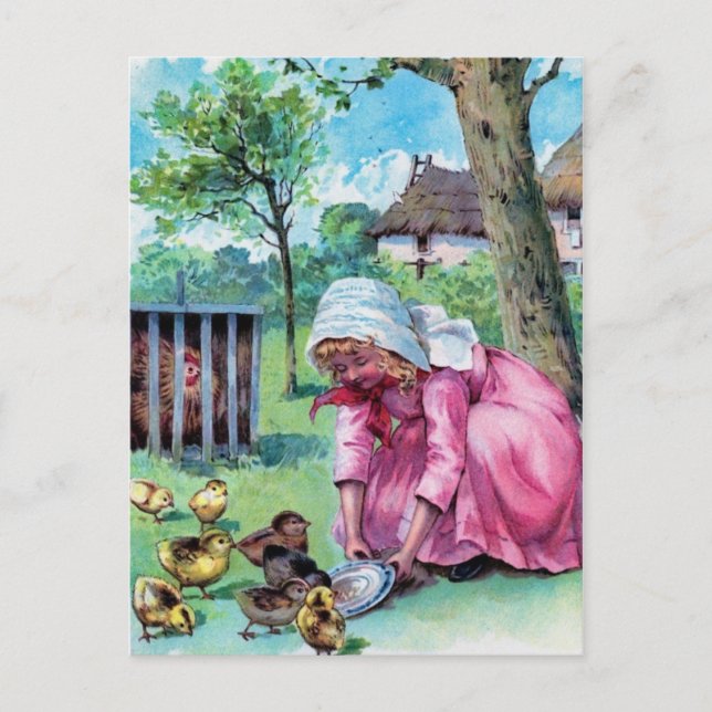 Cartão Postal Vintage Little Girl with Baby Pintinhos (Frente)
