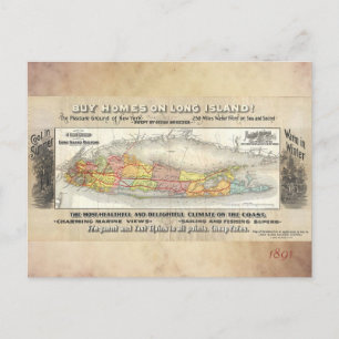 Cartão Postal Vintage Long Island, New York Map, Railroad 1891