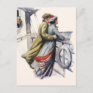 Cartão Postal Vintage Love and Romance, recém-casados em navio d