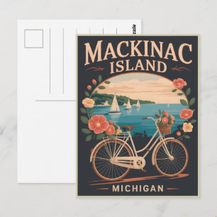 Cartão Postal Vintage Mackinac Island Michigan com Flores de bic