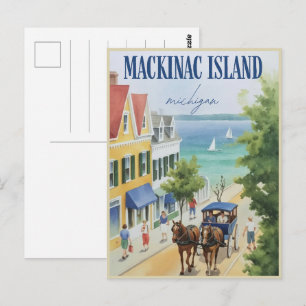 Cartão Postal Vintage Mackinac Island Michigan com o presente Fl