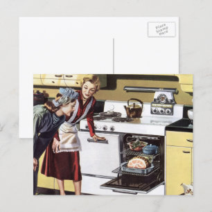 Cartão Postal Vintage Mãe na Cozinha Cozinhar e Páscoa