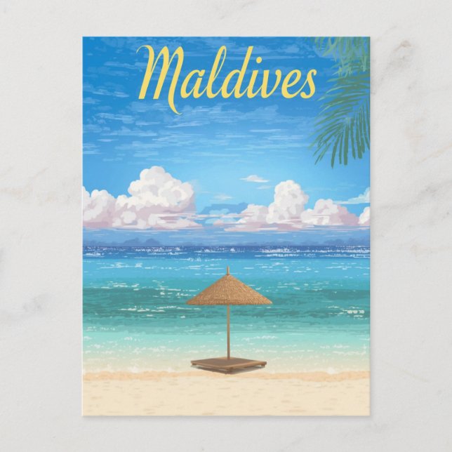 Cartão Postal Vintage Maldives Tropical Beach Parasol Viagem (Frente)