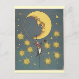 Cartão Postal Vintage Man Hanging From the Moon