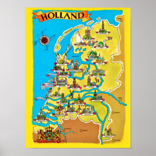 Cartão-postal Vintage Map da Holland Impressão