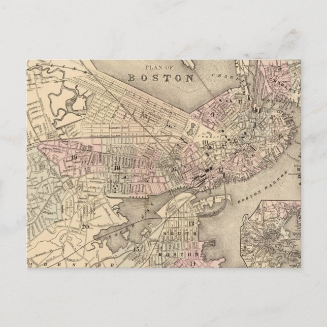 Cartão Postal Vintage Map of Boston (1880) (Frente)