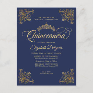 Cartão Postal Vintage Marinho Frame Dourado Azul Tiara Quinceane