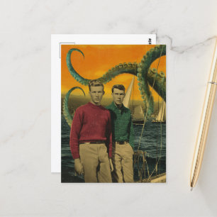 Cartão Postal Vintage Men and Octopus Beware of the Kracken