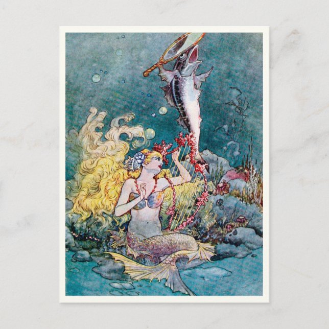 Cartão Postal Vintage Mermaid por Charles Folkard (Frente)