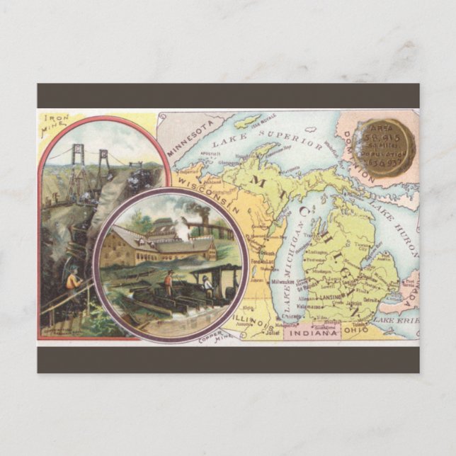 Cartão Postal Vintage Michigan Map (Frente)