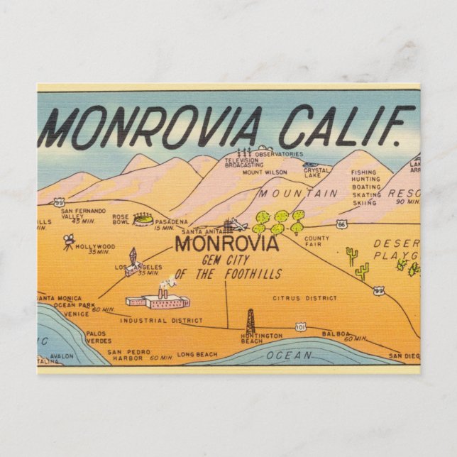 Cartão Postal Vintage Monrovia California (Frente)
