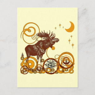 Cartão Postal Vintage Moose Moon e Stars