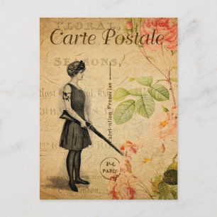 Cartão Postal Vintage Mulher com Flores de Arma Francês