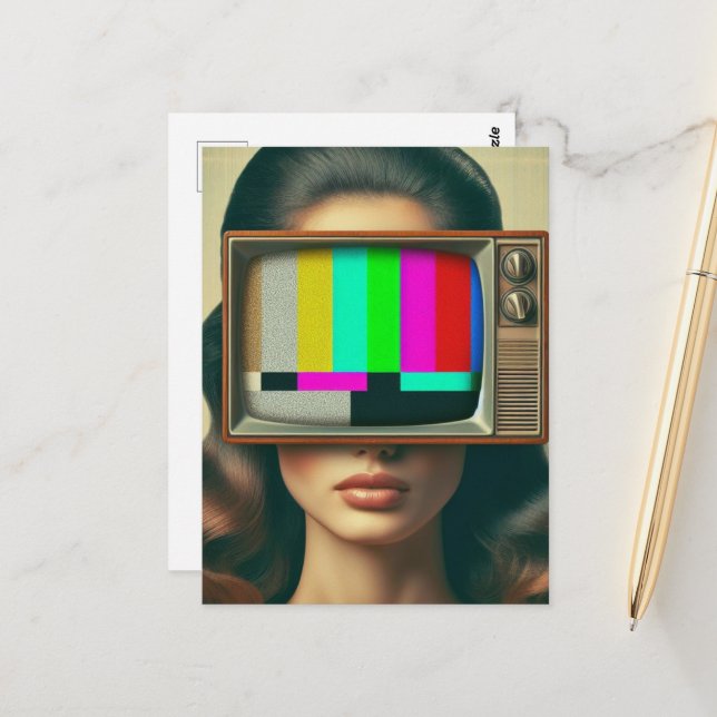 Cartão Postal Vintage Mulher com TV no rosto (Frente/Verso In Situ)