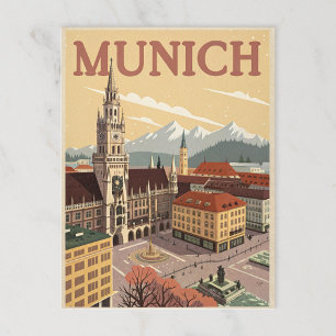 Cartão Postal Vintage Munique Marienplatz e Alpes