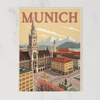 Cartão Postal Vintage Munique Marienplatz e Alpes