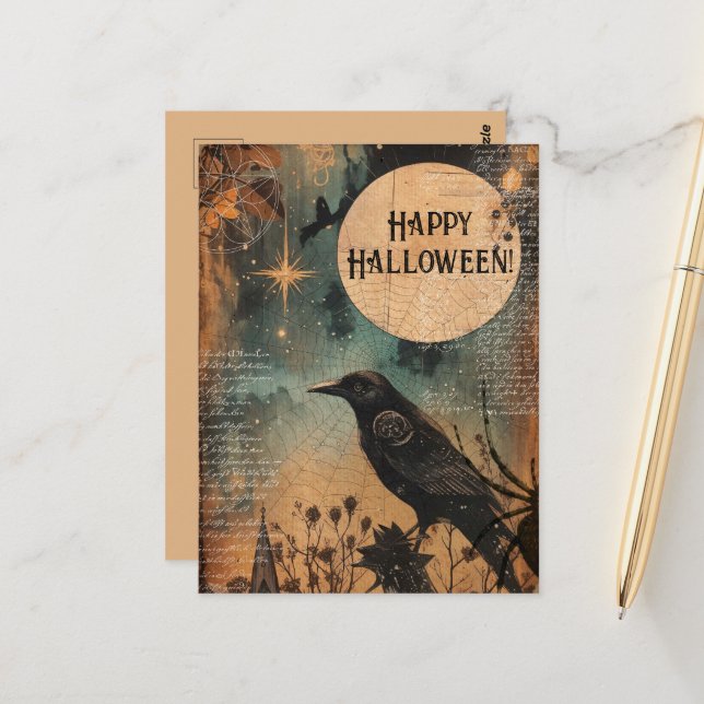 Cartão Postal Vintage Mystic Raven Moon Happy Halloween (Frente/Verso In Situ)