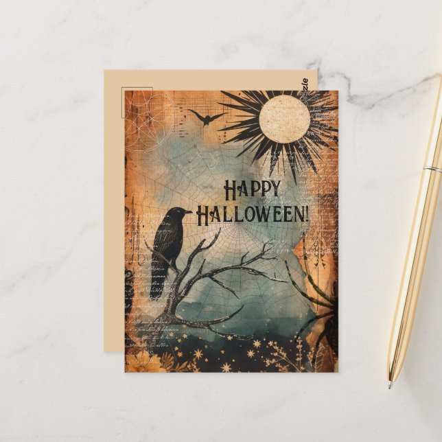 Cartão Postal Vintage Mystic Raven Sun Happy Halloween (Frente/Verso In Situ)