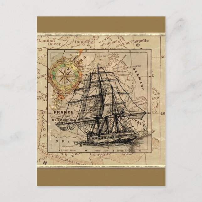 Cartão Postal Vintage Navio E Mapa (Frente)