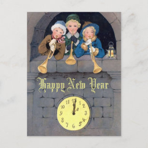 Cartão Postal Vintage New Year Trumpeters Modelo